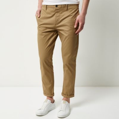 Brown stretch cropped slim chino trousers